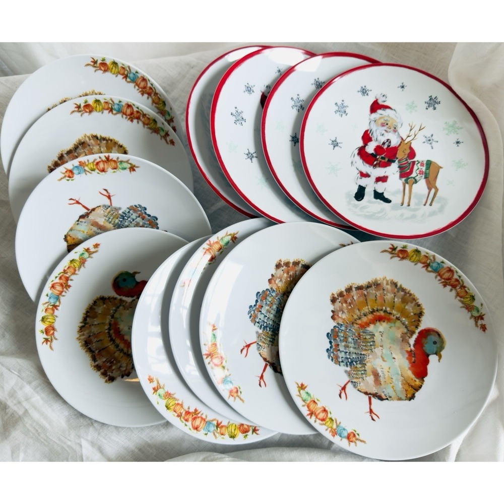 Sur La Table Melamine Holiday Plates 4 Santa/Reindeer 8 Turkey/Thanksgiving 8.5"